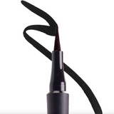 Black makeup brush with a black handle on a white background