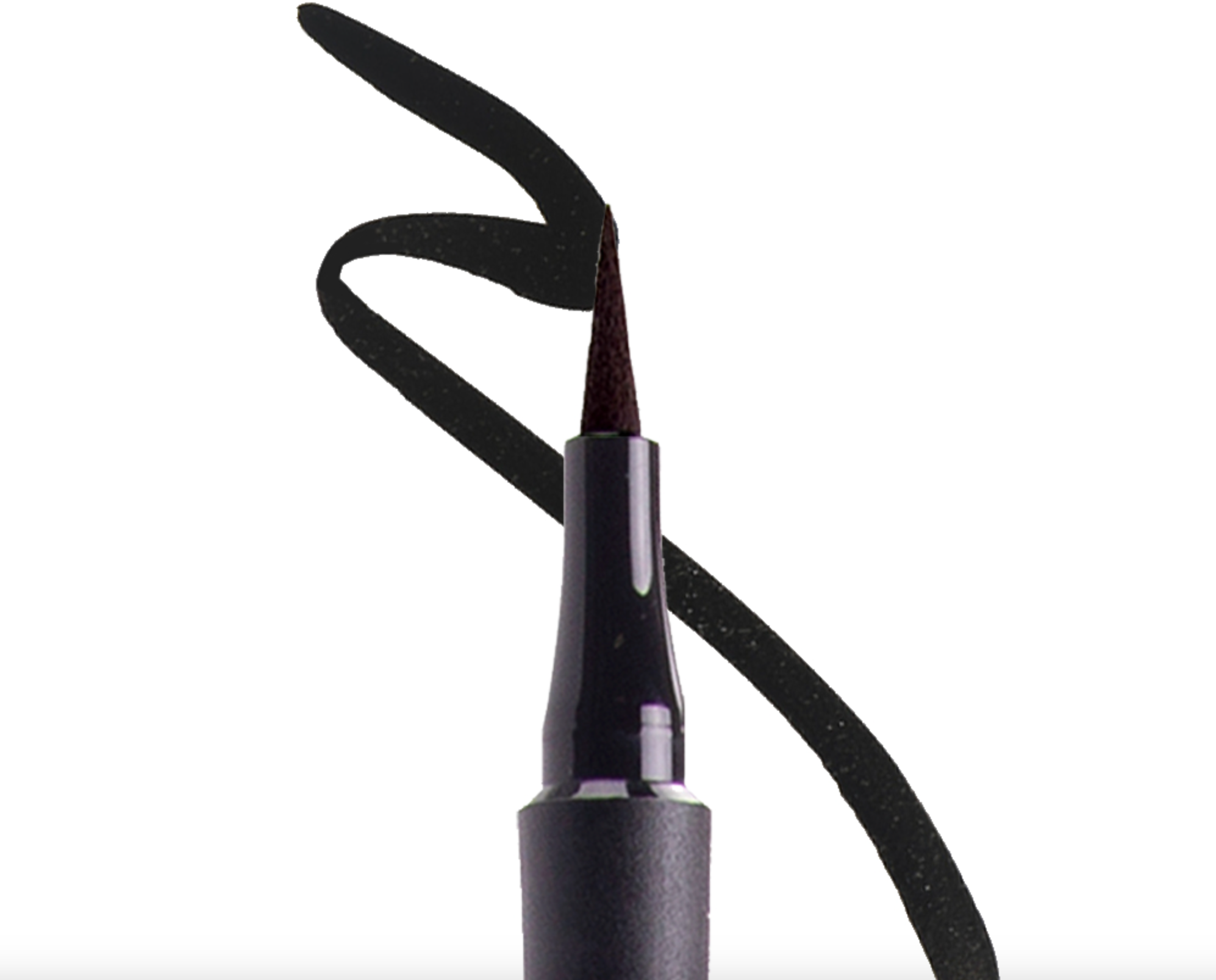 Black makeup brush with a black handle on a white background